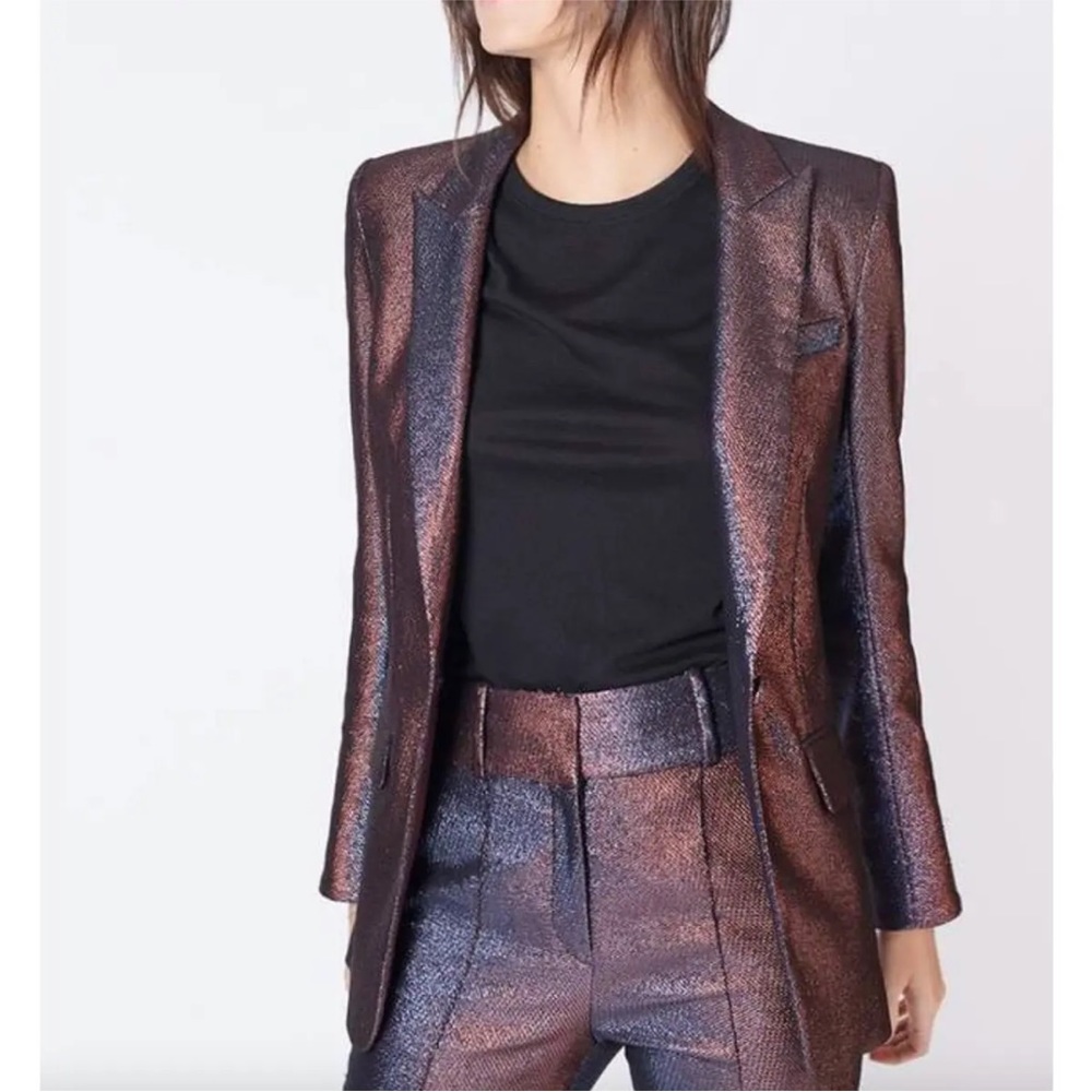 $798 VERONICA BEARD Ashburn Metallic Dickey Jacket Lamé Ruby shine Blazer Size 2 - Picture 3 of 16